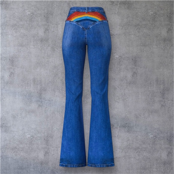 Finesse Kass High Rise Blue Denim Rainbow Jeans Size 2X, Flared Leg & Distressed - Picture 1 of 11